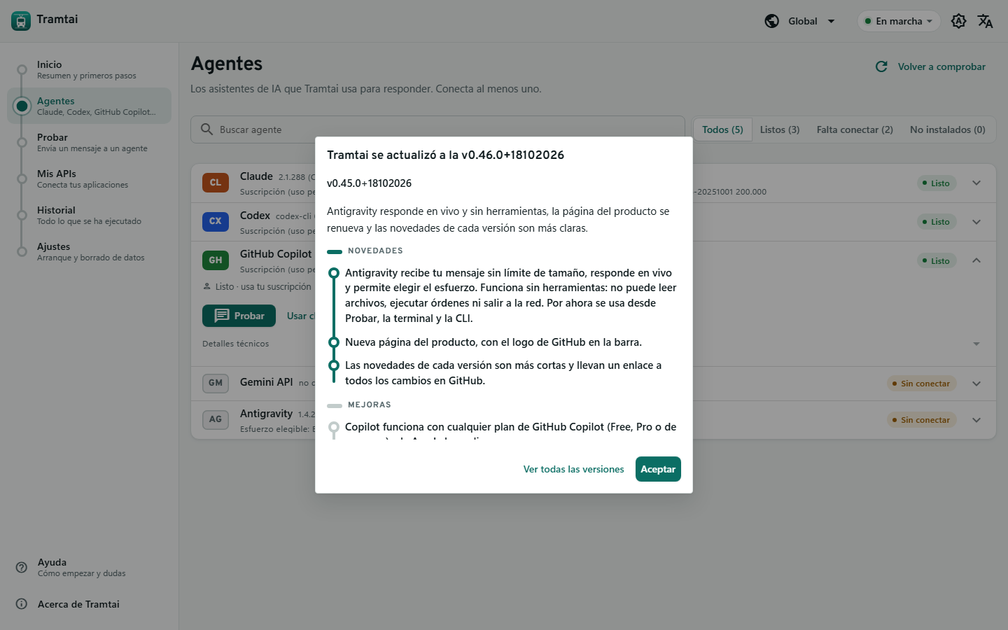 Agentes: una fila por agente con su versión, cómo está conectado y el filtro por estado
