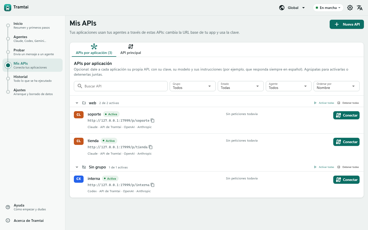 Mis APIs en pestañas: tus APIs por grupo, con buscador, filtros por estado y agente, y páginas
