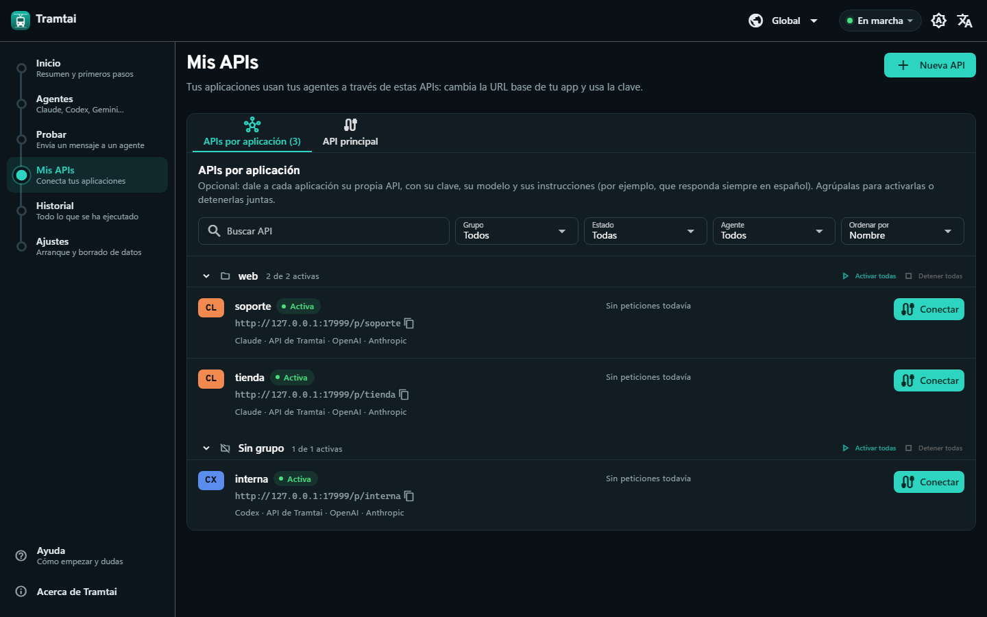Mis APIs en pestañas: tus APIs por grupo, con buscador, filtros por estado y agente, y páginas