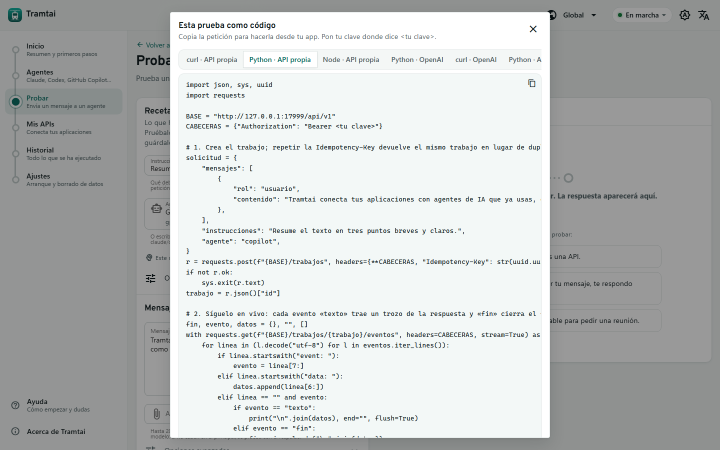 Probar: la receta con GitHub Copilot y «Ver como código» con la petición lista en Python
