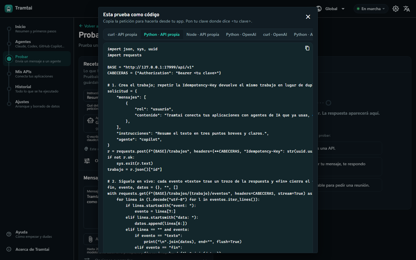 Probar: la receta con GitHub Copilot y «Ver como código» con la petición lista en Python